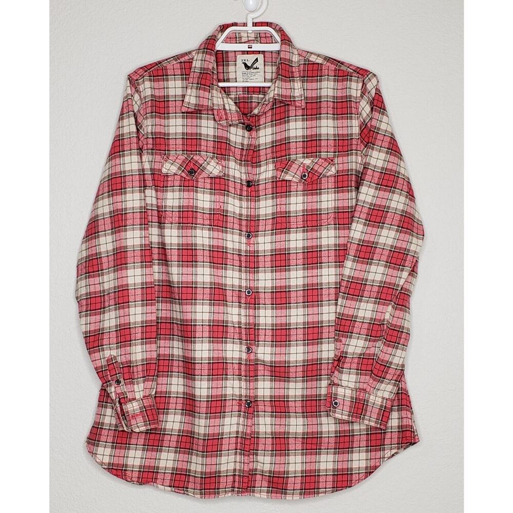 Maks Womens Top 2X L/S Red Plaid Cotton Collared Button Down Lightweight Flannel